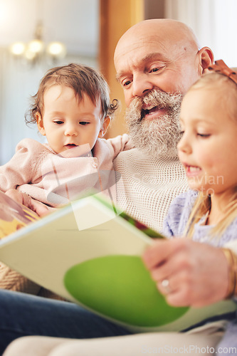 Image of Grandfather, children and book reading on living room sofa with love, storytelling or learning support. Happy, home or kid with elderly man in house with a story books and youth education on a couch