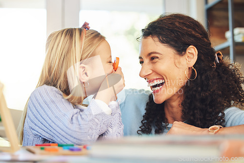 Image of Education, play and mother and girl in home for lesson, homework and learning together. Child development, laughing family or mom and kid with educational toys for homeschool, playing or fun activity