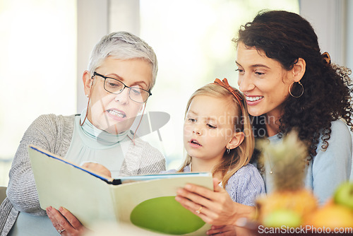 Image of Grandmother, reading and mother and girl in home with book for bonding, homework or learning. Child development, happy family and mom, grandma and kid with educational story, literature or homeschool