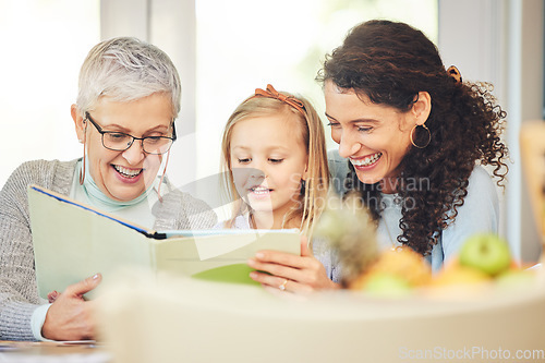 Image of Grandmother, reading and mother and girl with book for bonding, storytelling or learning at home. Child development, happy family and mom, grandma and kid with educational story, literature and novel