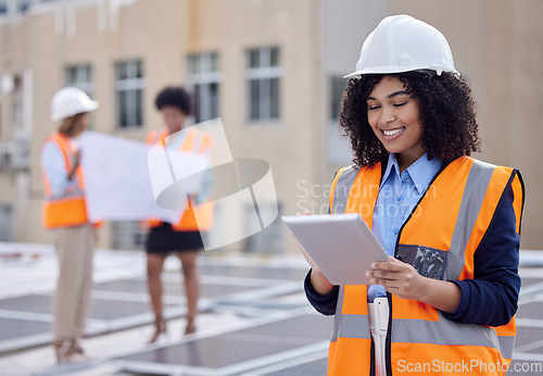 Image of Solar panels, engineering and tablet with woman on roof for planning, renewable energy and leadership. Sustainability, technology and photovoltaic maintenance with female engineer for inspection