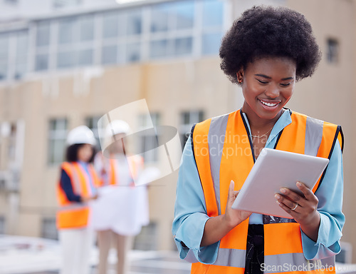 Image of Solar panels, engineering and rooftop with woman and tablet for planning, renewable energy and leadership. Sustainability, technology or photovoltaic maintenance with African engineer for inspection