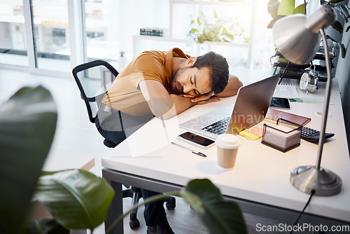 Image of Tired business man sleeping at desk in office with burnout risk, stress problem and relax for low energy. Fatigue, lazy and depressed male employee feeling overworked, bored and bad time management