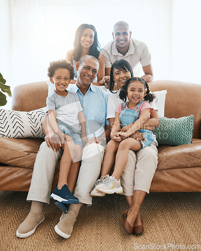 Image of Portrait, happy and family on a sofa, relax and quality time with joy, cheerful and bonding at home. Face, grandparents or mother with father, kids on couch or happiness to relax or bonding in lounge