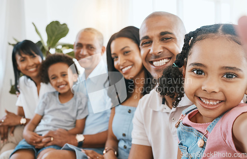 Image of Big family, portrait and selfie smile in home living room, bonding or having fun. Happiness, parents and grandparents with children taking face pictures and enjoying quality time together in house.