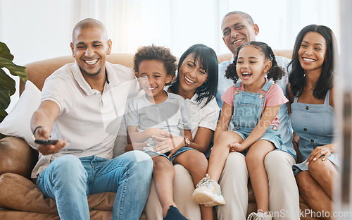 Image of Big family, watching tv and laughing in home living room on sofa, bonding and having fun. Television, parents and grandparents with children streaming comedy movie, funny film or video together.