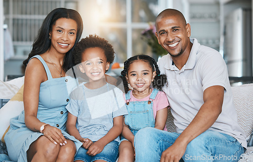 Image of Happy, family and portrait of parents and children on sofa for bonding, quality time and relaxing at home. Love, living room and mother, father and kids on couch with smile, hugging and happiness