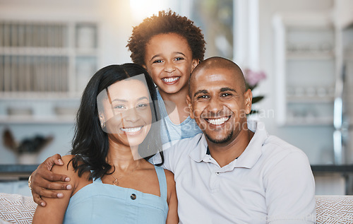 Image of Portrait of mother, father and son on sofa for bonding, quality time and relax with parents at home. Love, living room and happy mom, dad and child on couch with smile embrace, hugging and resting