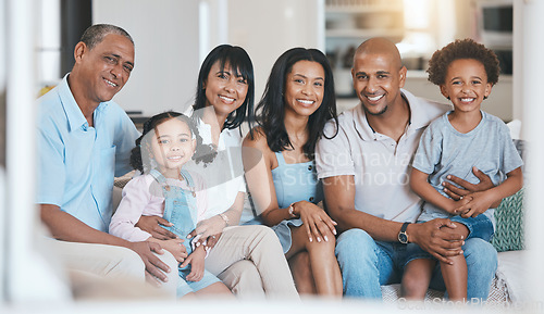 Image of Portrait, big family and smile in home on sofa in living room, bonding or relaxing. Grandparents, parents and happiness of children on couch, care or enjoying quality time together in lounge in house