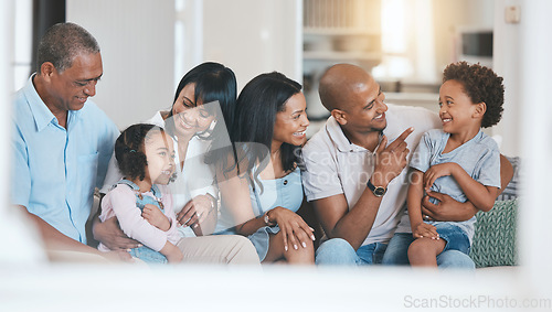 Image of Relax, big family and smile in home on sofa in living room, bonding or having fun. Grandparents, parents and happiness of children on couch, care or enjoying quality time together in lounge in house.