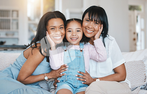 Image of Portrait, grandmother and kid smile with mother in home living room on sofa, bonding or having fun. Family, happiness and girl with grandma and mama, care and enjoying quality time together on couch.