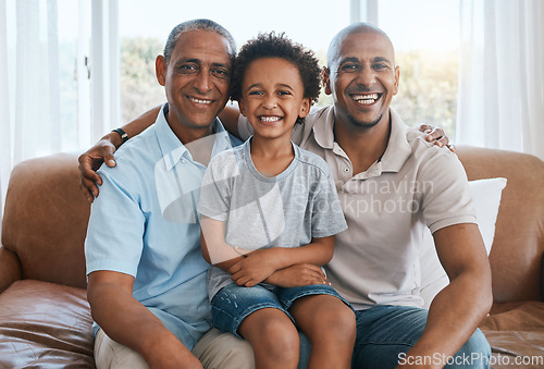 Image of Portrait, grandfather and kid smile with dad in home living room on sofa, bonding or having fun. Family, happiness and boy with grandpa and father, care and enjoying quality time together on couch.