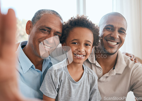 Image of Selfie portrait, grandfather and kid with dad in home living room, bonding or having fun. Family, happiness and boy with grandpa and father, care and enjoying time together while taking pictures.