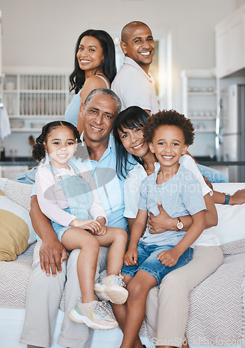 Image of Big family, portrait and happy in home on sofa in living room, bonding or relaxing. Grandparents, parents and smile of children on couch, care and enjoying quality time together in lounge in house.