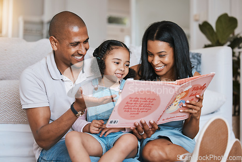 Image of Parents, family and girl reading book in home, bonding and learning in living room. Storytelling, father and happiness of mother with kid for education, homeschool and studying in lounge together.