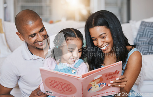 Image of Family, smile and girl reading book in home, bonding and learning in living room with parents. Storytelling, father and happiness of mother with kid for education, homeschool and studying together.