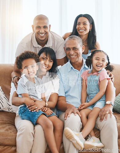 Image of Portrait, happy and big family in home on sofa, bonding and relaxing in living room. Grandparents, parents and happiness of children on couch, care and enjoying quality time together in lounge.