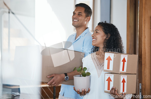 Image of Moving, home and couple with boxes, smile and excited for growth, real estate and relationship. Partners, man and woman with excitement, relocation and property with new house, apartment and cheerful
