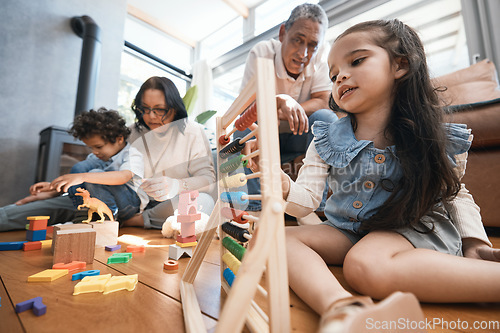 Image of Education, toys and grandparents with children on floor for playing, educational games and learning math. Child development, family and grandpa, grandma and kids for quality time, homeschool and love