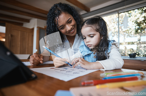 Image of Study, home school and a mother teaching her daughter about math in the home living room. Education, homework and child development with a student girl learning from her female parent in a house