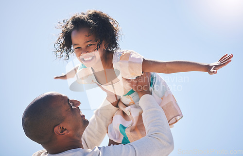 Image of Love, father and girl with a smile, airplane and bonding with joy, quality time and playing outdoor. Portrait, parent and dad with happy daughter, female child and kid with energy, loving or cheerful