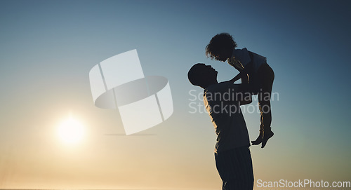 Image of Father, lift son and sunset sky with space for mock up with game, air or bonding with love on vacation. Papa, holding male kid and playing with care, summer and outdoor mockup in sunshine for holiday