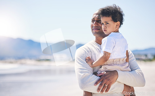 Image of Father, holding boy and mockup space at beach with bond, care or love in summer sunshine on holiday. Man, male baby and hug with thinking, vision and family with support, sea vacation and mock up