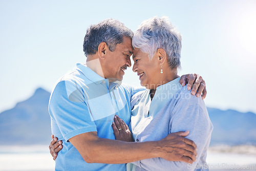 Image of Senior couple, hug and beach love outdoor with support and romance in nature. Ocean, elderly and old woman and man together on summer holiday by the sea feeling happiness and relax on vacation