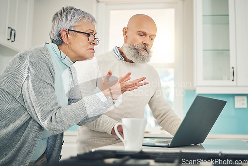 Image of Laptop, stress and investment with a senior couple feeling anxiety about their pension or retirement fund. Computer, finance and accounting with old people problem solving their savings or budget