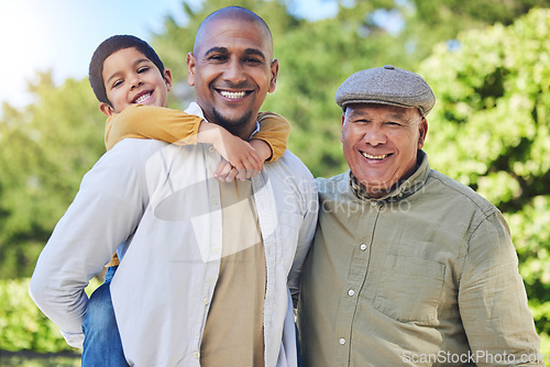 Image of Father, son and grandfather with generations in park portrait with piggy back, happiness or love on vacation. Men, boy child and hug with bond, excited family or outdoor in summer sunshine on holiday