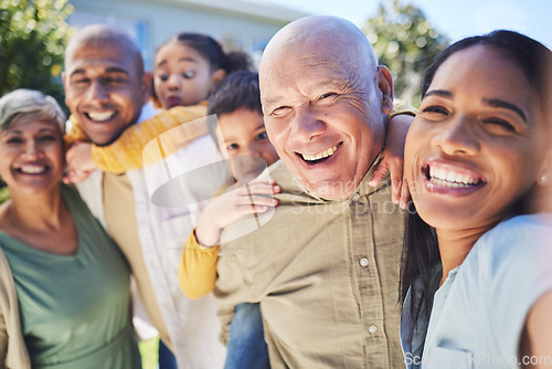 Image of Big family, interracial and selfie with smile or happy and together. Grandparents, parents and children relax outdoor for summer time portrait or vacation and holiday with happiness on kids face.