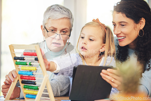 Image of Grandma, mother and girl on tablet for education in home for lesson, homework and learning math online. Grandparent, family and mom and kid on digital tech for educational games, homeschool and study