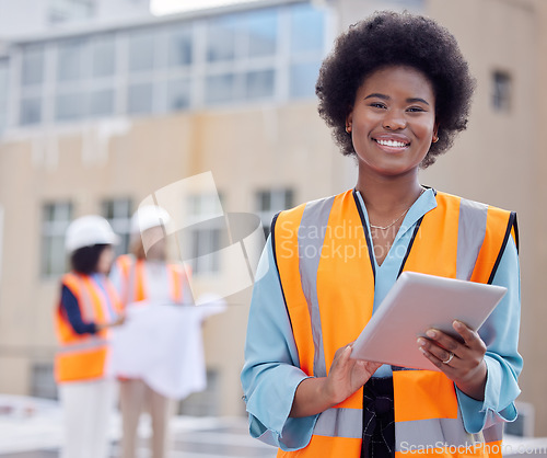 Image of Smile, engineering and portrait of black woman and tablet for planning, architecture and leadership. Construction, technology and maintenance with engineer for inspection, digital and internet