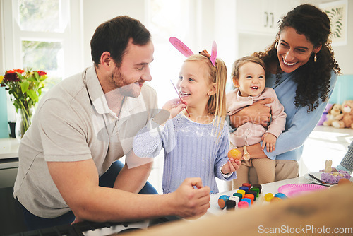 Image of Easter, family and painting eggs with kids learning to be creative on table or color brush at home. Children, mother and happy father decorating together or mom with dad teaching young girl art.