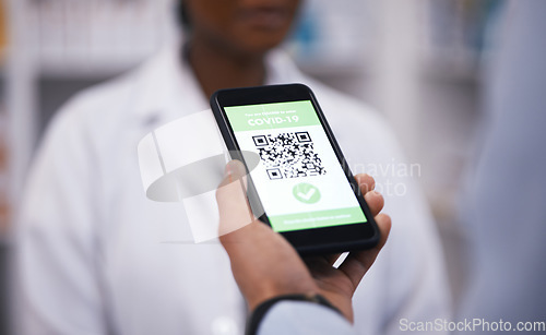 Image of QR code, screen or hand of doctor with phone to scan test results on contactless technology online. Closeup, mobile app or medical healthcare professional with digital registration or barcode display