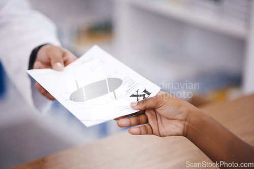 Image of Pharmacy, receipt or hands of a pharmacist with a person for healthcare prescription papers in drugstore. Zoom or nurse giving customer payment details or doctors note for medical retail services