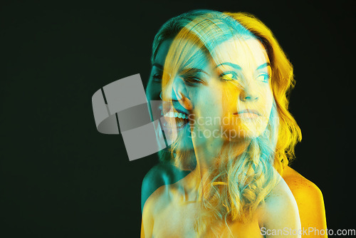 Image of Double exposure, idea and mockup with a woman on a dark background in studio for neon art or fantasy. Overlay, thinking and beauty with an attractive young female model posing on a black backdrop