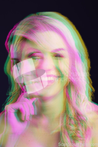 Image of Double exposure, beauty and portrait of woman with smile on black background for cosmetics, glow and makeup. Neon aesthetic, art deco and face of female model happy, laughing and confident in studio