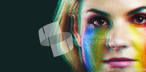 Image of Double exposure, beauty and portrait of woman with paint on black background for cosmetics, design and art deco. Neon aesthetic, fantasy and face of female model in rainbow, creative makeup and glow