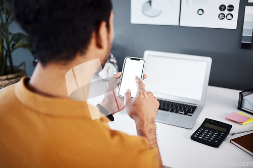 Image of Man, phone and laptop with mockup screen for finance, budget research or accounting at office desk. Hand of financial male accountant working on mobile smartphone and computer display with copy space
