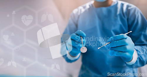 Image of Hands, tools and hospital overlay with doctor for surgery, emergency procedure or medical support. Surgeon, healthcare and 3d holographic with tweezers for help, surgical operation or work in clinic