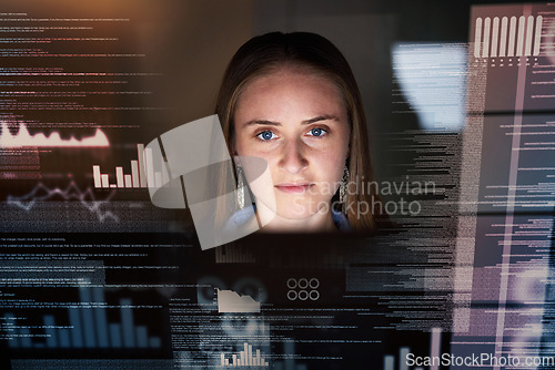 Image of Woman, face and futuristic with data analytics, coding and digital overlay, stock market dashboard and technology abstract. Trading, IT and fintech, female trader work night and graph on stocks app