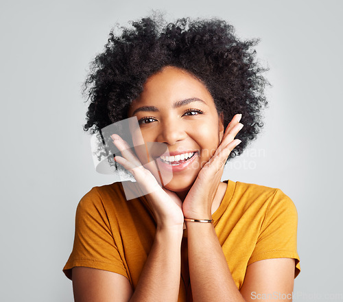 Image of Smile, happy and portrait of woman in studio for carefree, cheerful and confidence. Happiness, smiling and natural with face of female isolated on white background for mindset, excited and self love