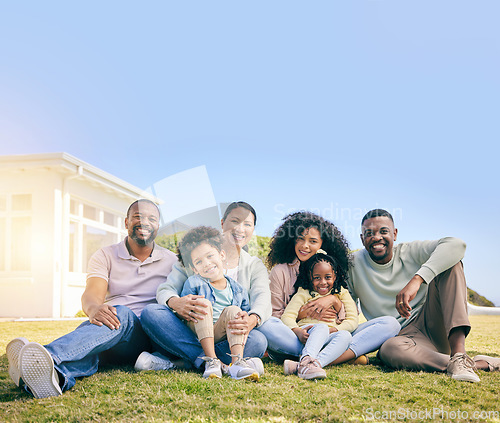 Image of Family, portrait and generations, relax on grass with happiness, grandparents and parents with children. Happy people outdoor, mockup and summer, sitting on lawn with love and bonding at holiday home