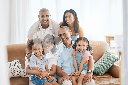 Image of Portrait, big family and smile in home on sofa, bonding or having fun in living room. Grandparents, parents and happiness of children, care and enjoying quality time together on couch in lounge.