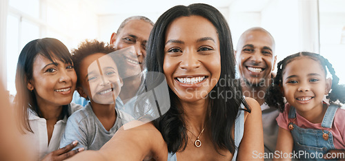 Image of Portrait, big family and happy selfie in home, bonding or having fun together. Happiness, parents and grandparents with children taking face pictures, social media and enjoying quality time in house.