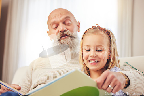 Image of Grandfather, girl and family reading in a house with learning and child development at home. Books, story and education on a living room sofa with grandpa and kid together in a conversation with love