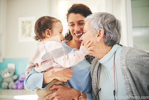 Image of Grandmother, mother and baby in home for playing, quality time and bonding together in living room. Love, happy family and mom carrying child with grandma play for loving, affection and happiness