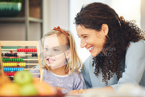 Image of Education, abacus and mother and girl in home for lesson, homework and study for school. Child development, family and happy mom and kid with educational toys for learning math, play and fun activity