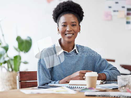 Image of Business, woman and portrait of a copywriting employee with happiness and smile. Document, African and black female person and young happy face of a creative writer worker ready for office working